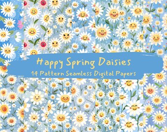 Happy Spring Daisies Pattern Seamless Digital Papers - printable scrapbook paper instant download, commercial use, 300dpi