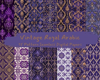 May include: A set of 15 digital papers featuring vintage royal Arabic patterns in shades of purple, gold, and white. The patterns are seamless and can be used for a variety of projects, such as scrapbooking, card making, and digital design.