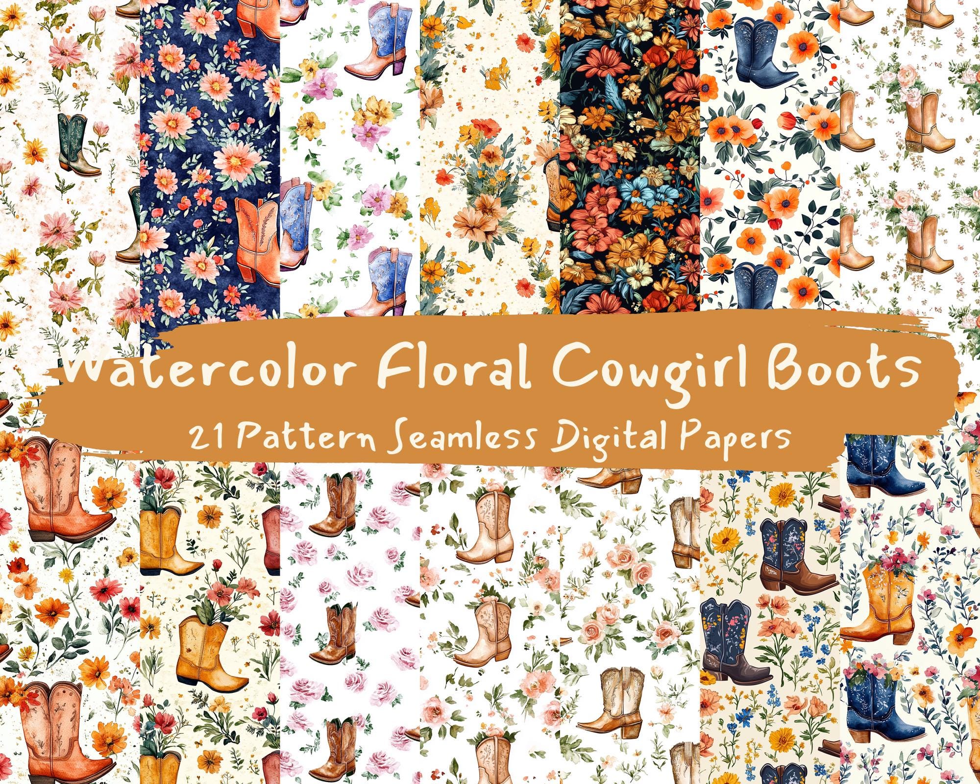 Watercolor Floral Cowgirl Boots Pattern Seamless Digital Papers ...