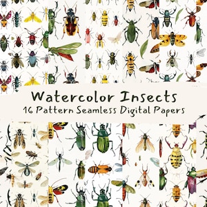 May include: A digital paper pack with 16 seamless patterns featuring watercolour illustrations of various insects. The patterns include beetles, butterflies, moths, and other bugs in shades of green, blue, red, yellow, and brown.