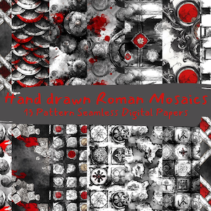 May include: A collection of digital papers featuring Roman mosaic designs. The patterns are in shades of gray, black, and white, with accents of red. The text "Hand drawn Roman Mosaics" is visible on a gray banner.