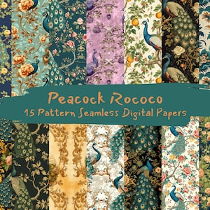 Pode incluir: Um conjunto de 15 papéis digitais com padrões de pavão e florais em estilo rococó. Os papéis são sem costura e podem ser usados para uma variedade de projetos, como scrapbooking, criação de cartões e design digital.