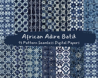 May include: A set of 13 digital papers featuring seamless patterns inspired by African Adire Batik. The patterns are in shades of blue and white, with geometric and floral designs.