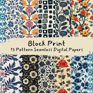 May include: A digital paper pack with 13 seamless patterns featuring floral and geometric designs in blue, red, orange, white, and black. The patterns are inspired by block printing techniques.