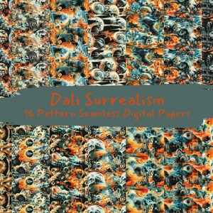 Peut inclure: Un pack de papiers numériques avec 16 motifs surréalistes inspirés de Salvador Dali. Les motifs présentent un mélange de couleurs tourbillonnantes, de formes abstraites et de motifs oculaires. Le texte "Dali Surrealism 16 Pattern Seamless Digital Papers" est affiché sur un fond gris.