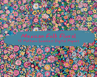 Mexican Folk Floral Pattern Seamless Digital Papers - printable scrapbook paper png instant download commercial use 300dpi