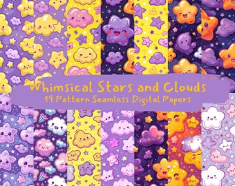 Whimsical Stars and Clouds Pattern Seamless Digital Papers - printable scrapbook paper instant download, commercial use, 300dpi