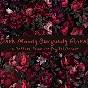 Dark Moody Burgundy Floral Pattern Seamless Digital Papers - download immediato di carta scrapbook stampabile, uso commerciale, 300dpi