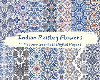 Indian Paisley Flowers Pattern Seamless Digital Papers - printable scrapbook paper png instant download commercial use 300dpi