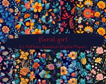 floral girl Pattern Seamless Digital Papers - printable scrapbook paper instant download, commercial use, 300dpi