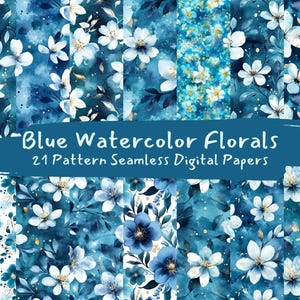 Blaue Aquarell Blumen Muster nahtlose digitale Papiere - printable Scrapbook Papier png sofortiger Download kommerzielle Nutzung 300dpi