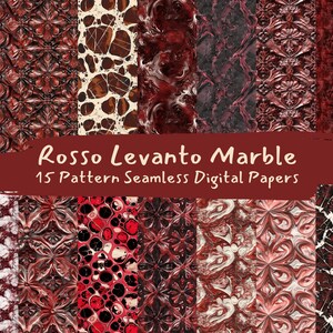 Puede incluir: 15 patrones de papel digital con una variedad de diseños de mármol Rosso Levanto en tonos rojos, blancos y negros.