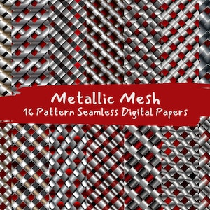 Puede incluir: Un conjunto de 16 patrones de papel digital que presentan un diseño de malla metálica en varios tonos de plata, rojo y oro. Los patrones son sin costuras y se pueden utilizar para una variedad de proyectos de manualidades.