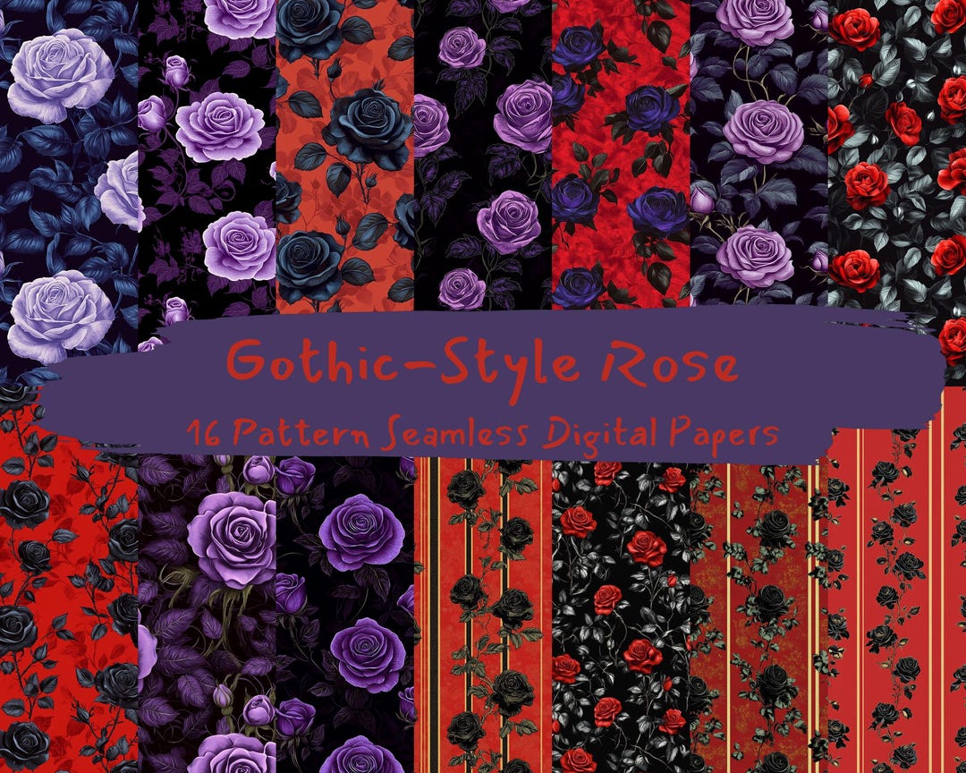 Gothic-style Rose Pattern Seamless Digital Papers - Printable Scrapbook ...