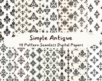 May include: A set of 14 digital papers featuring simple antique patterns in black and white on a cream background. The text "Simple Antique 14 Pattern Seamless Digital Papers" is displayed on the image.