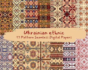 May include: A collection of 17 seamless digital papers featuring Ukrainian ethnic patterns. The designs showcase a variety of geometric and floral motifs in a palette of red, blue, yellow, and black, creating a vibrant and traditional aesthetic.