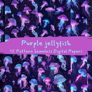 Puede incluir: 15 patrones de papel digital sin costuras con medusas moradas con detalles azules sobre un fondo azul oscuro con estrellas blancas. El texto "Purple jellyfish" y "15 Pattern Seamless Digital Papers" se muestra en una pancarta rosa.