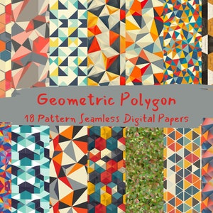 May include: A set of 18 digital papers featuring geometric polygon patterns in various colors, including red, blue, yellow, green, and gray. "Geometric Polygon 18 Pattern Seamless Digital Papers" is written in red text on a gray background.