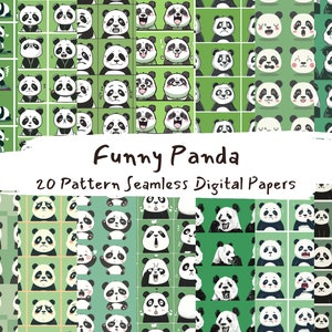 May include: A set of 20 digital papers featuring a cute panda bear with different expressions. The background is green and the panda is black and white. The text "Funny Panda" and "20 Pattern Seamless Digital Papers" is included in the image.