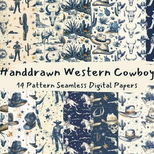 Documenti digitali senza cuciture modello Western Cowboy disegnato a mano - download immediato di carta scrapbook stampabile, uso commerciale, 300dpi
