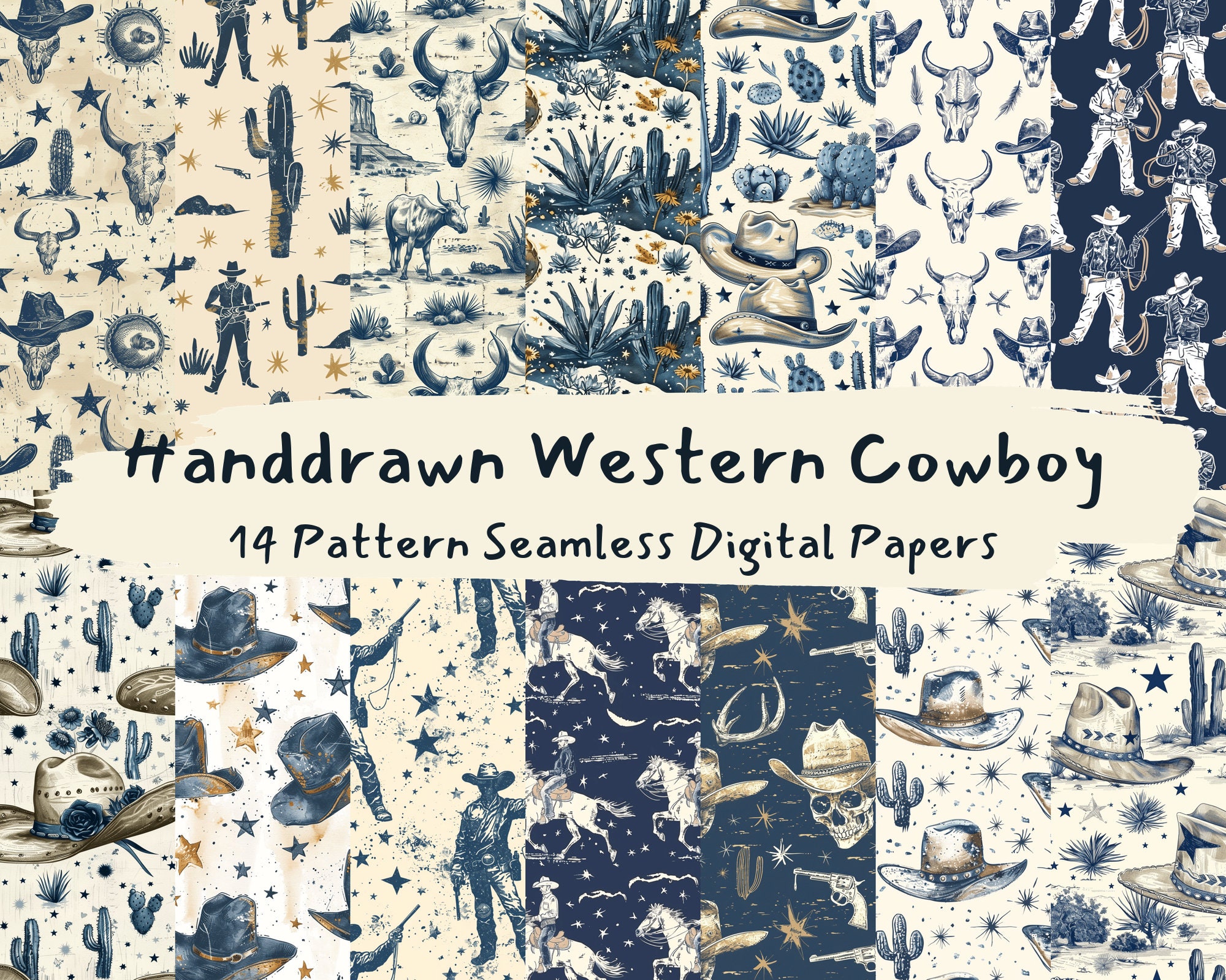 Handdrawn Western Cowboy Pattern Seamless Digital Papers - printable scrapbook paper instant download, commercial use, 300dpi