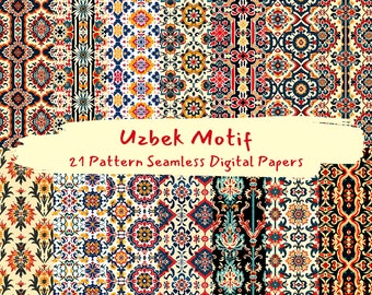 May include: A set of 21 digital paper patterns featuring intricate Uzbek motifs. The patterns are a mix of geometric and floral designs in vibrant colors, including red, blue, yellow, and green.
