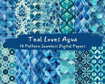 Teal Loves Aqua Muster Nahtlose Digital Papiere - printable Scrapbook Papier zum sofortigen Download, kommerzielle Nutzung, 300dpi