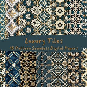 Può includere: 18 motivi di carta digitale senza cuciture che presentano intricati disegni di piastrelle in tonalità di blu, oro e bianco. I motivi sono senza cuciture e possono essere utilizzati per una varietà di progetti.