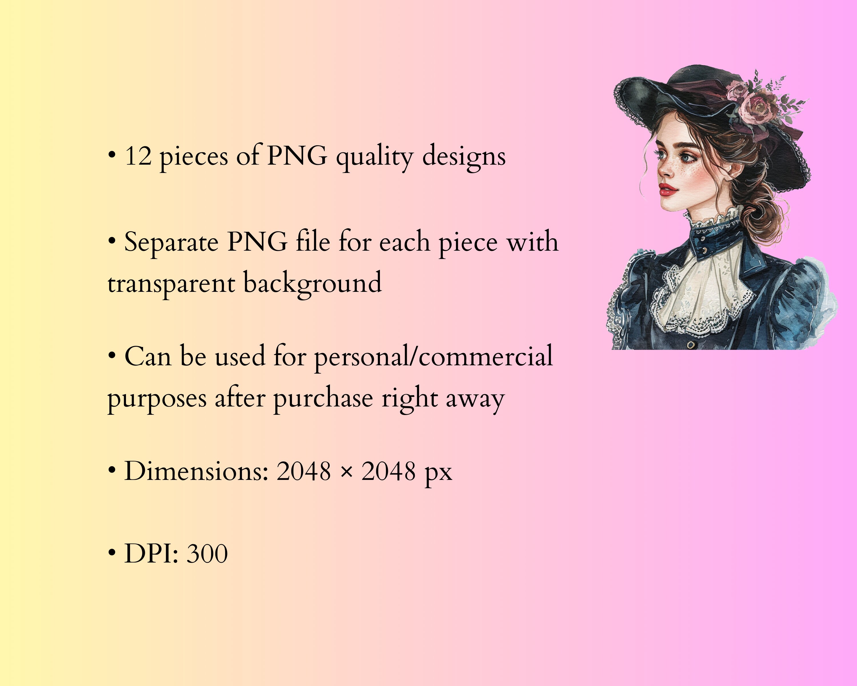 Victorian Lady Digital Printable Clipart Bundle in PNG Format With Transparent Background for ...
