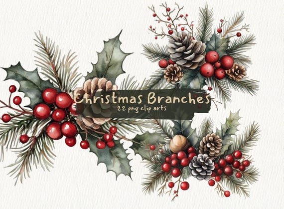 Weihnachtszweige druckbare Clipart, PNG-Format, transparenter Hintergrund, sofortiger Download, kommerzielle Nutzung, 300 dpi