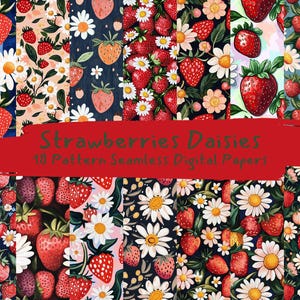 Strawberries Daisies Pattern Seamless Digital Papers - printable scrapbook paper png instant download commercial use 300dpi