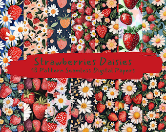 Strawberries Daisies Pattern Seamless Digital Papers - printable scrapbook paper png instant download commercial use 300dpi