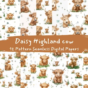 Daisy Highland mucca modello Seamless Digital Papers - carta per scrapbooking stampabile download immediato, uso commerciale, 300 dpi