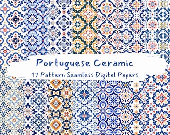 May include: A set of 17 digital papers featuring seamless patterns inspired by Portuguese ceramic tile designs. The patterns are in shades of blue, yellow, red, and white.