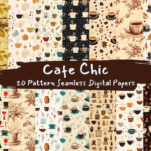 Cafe Chic mönster sömlösa digitala papper - kakelmönster utskrivbara scrapbookingpapper direktnedladdning för kommersiellt bruk, 300 dpi