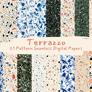 May include: 21 digital paper patterns featuring a terrazzo design. The patterns are in various colours, including blue, green, yellow, pink, and black. The patterns are seamless and can be used for a variety of projects.