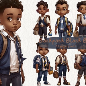 May include: A set of 15 digital illustrations of Black boys wearing backpacks and school uniforms. The boys are depicted in various poses and expressions, with different clothing styles and accessories. The illustrations are in a cartoon style and are suitable for use in educational materials, children's books, or other creative projects.