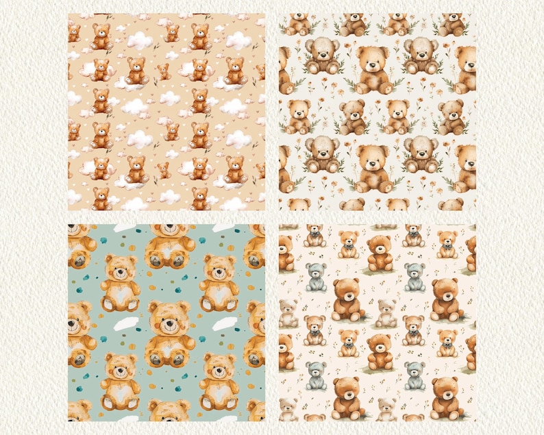Watercolor Teddy Bear Pattern Seamless Digital Papers - Printable ...