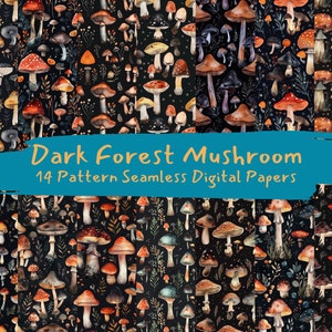 Dark Forest Mushroom Pattern Seamless Digital Papers - printable scrapbook paper instant download, commercial use, 300dpi