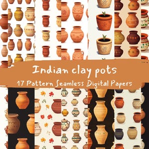 Puede incluir: Un paquete de papel digital con 17 patrones sin costuras de ollas de barro indias coloridas en varias formas y tamaños. Los patrones son perfectos para manualidades, scrapbooking y proyectos de diseño digital.