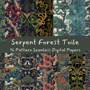 May include: A collection of 16 seamless digital papers with a Serpent Forest Toile design. The papers feature intricate patterns of snakes, trees, and foliage in shades of green, red, and gold against a dark background.