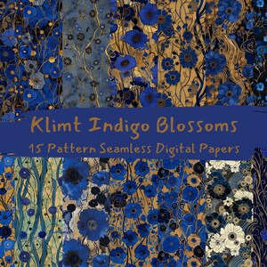May include: A digital paper pack with 15 seamless patterns featuring indigo blue flowers and gold accents. The patterns are inspired by the style of Gustav Klimt. "Klimt Indigo Blossoms 15 Pattern Seamless Digital Papers" is written in gold lettering on a blue background.
