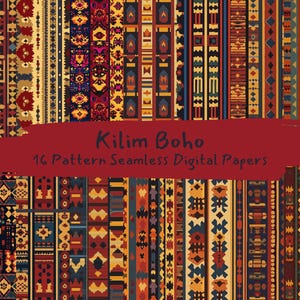 May include: A digital paper pack with 16 seamless patterns featuring colorful geometric designs inspired by kilim rugs. The patterns are in a variety of colors, including red, orange, yellow, blue, green, and brown. The patterns are all vertical and are arranged in a grid.