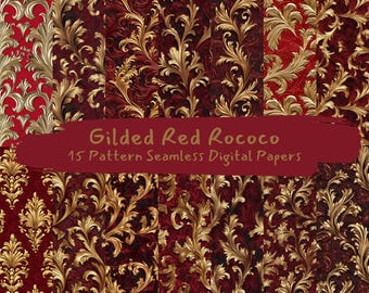 Gilded Red Rococo Pattern Seamless Digital Papers - printable scrapbook paper png instant download commercial use 300dpi