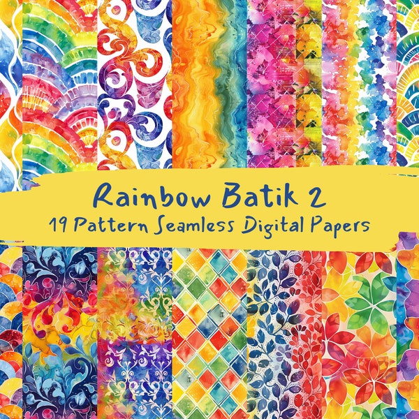 Rainbow Batik Pattern Seamless Digital Papers - printable scrapbook paper instant download, commercial use, 300dpi