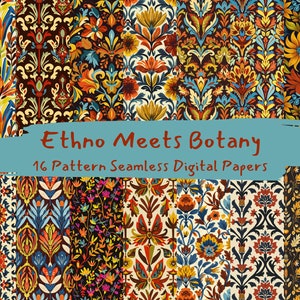 May include: A set of 16 digital papers featuring colorful, intricate patterns inspired by both ethnic and botanical designs. The patterns are seamless and can be used for a variety of creative projects.