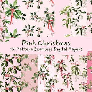 Pink Christmas Seamless Digital Papers - printable scrapbook paper png instant download commercial use 300dpi