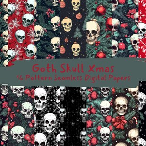 Puede incluir: Un conjunto de 16 patrones de papel digital con un tema gótico de calavera y Navidad. Los patrones incluyen calaveras, acebo, ramas de pino, adornos y copos de nieve en rojo, verde, negro y blanco.