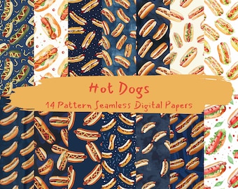 Papeles digitales sin costuras con patrón de perritos calientes: papel para álbum de recortes imprimible, descarga instantánea para uso comercial, 300 ppp