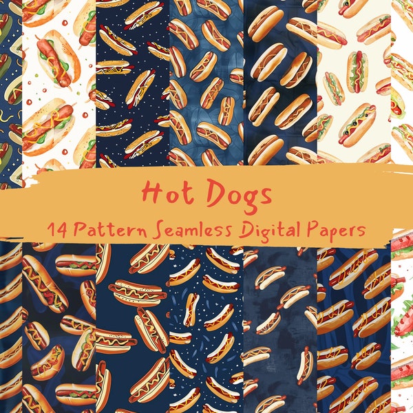 Hot Dogs Pattern Seamless Digital Papers - printable scrapbook paper instant download for commercial use, 300dpi